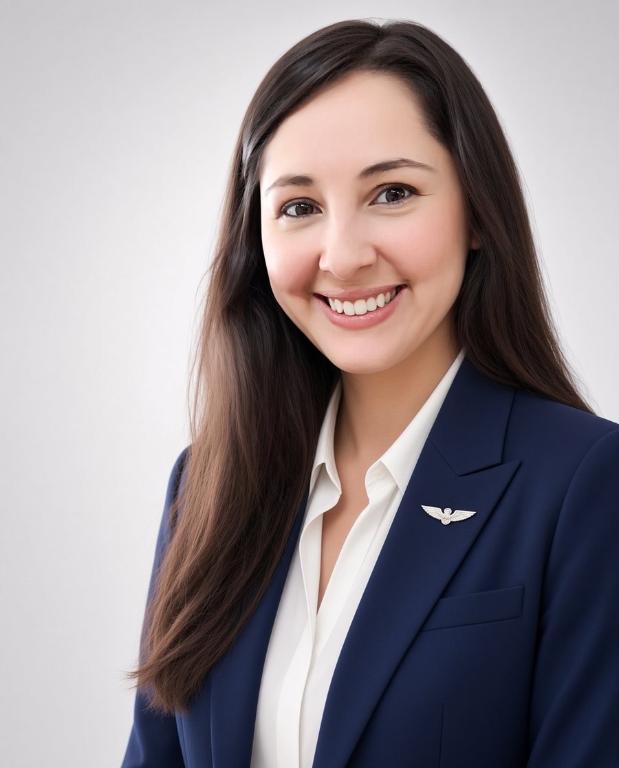 Silvana Gómez Trujillo, psicóloga aeronáutica, con uniforme azul marino y alas de aviador